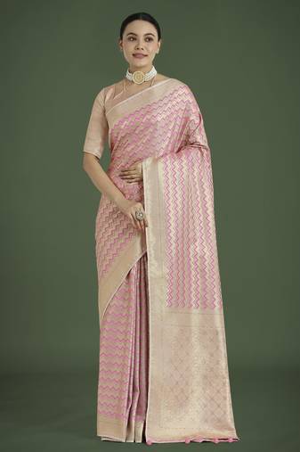 pink silk blend banarasi jacuard work saree with unstitched blouse piece