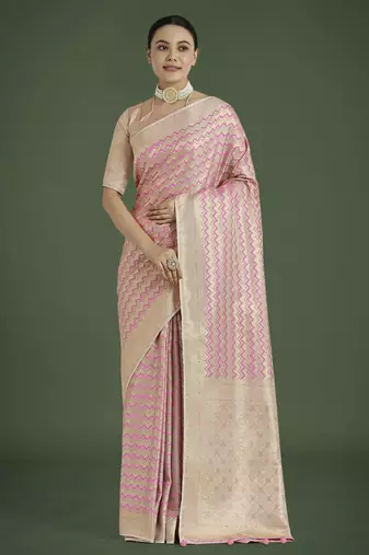 pink silk blend banarasi jacuard work saree with unstitched blouse piece