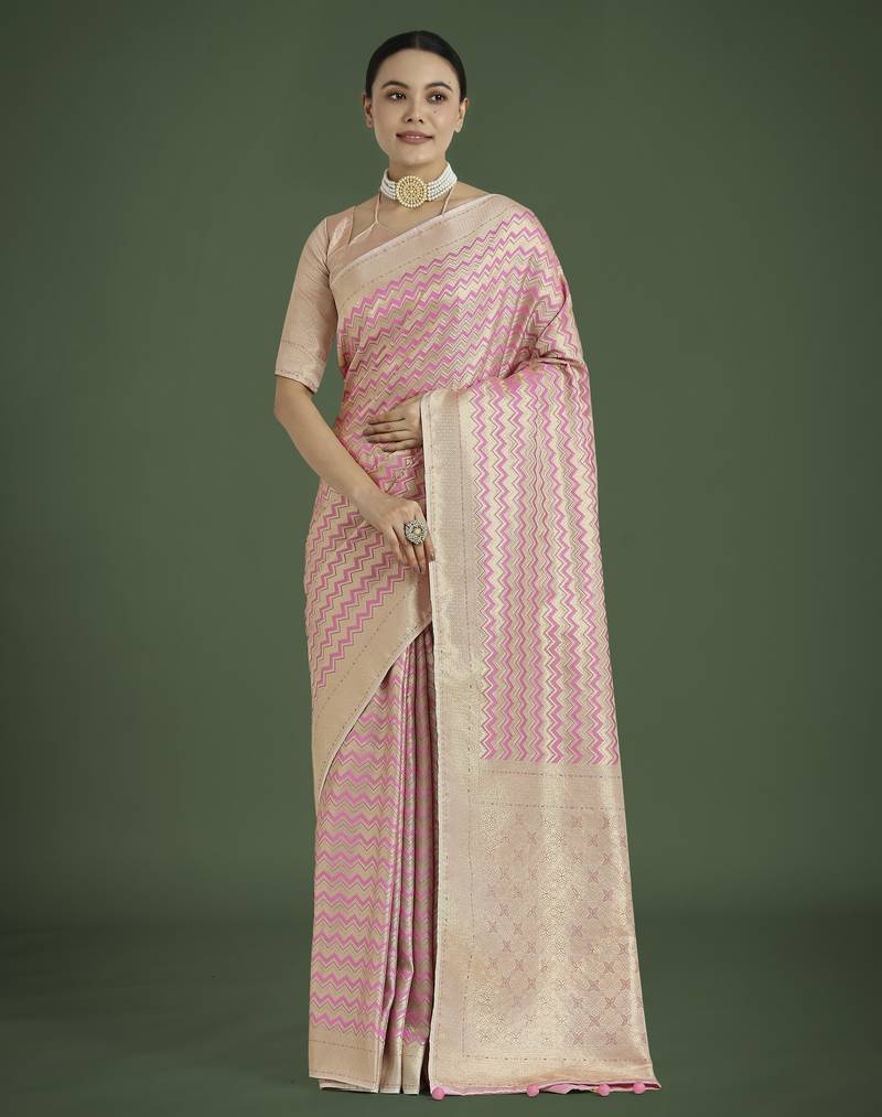 pink silk blend banarasi jacuard work saree with unstitched blouse piece