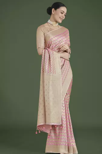 pink silk blend banarasi jacuard work saree with unstitched blouse piece