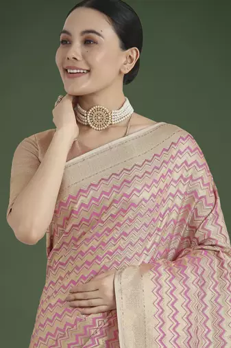 pink silk blend banarasi jacuard work saree with unstitched blouse piece