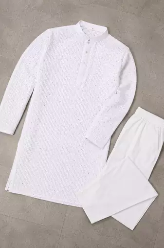 White color traditional chikankari embroidery cotton men's kurta payjama set