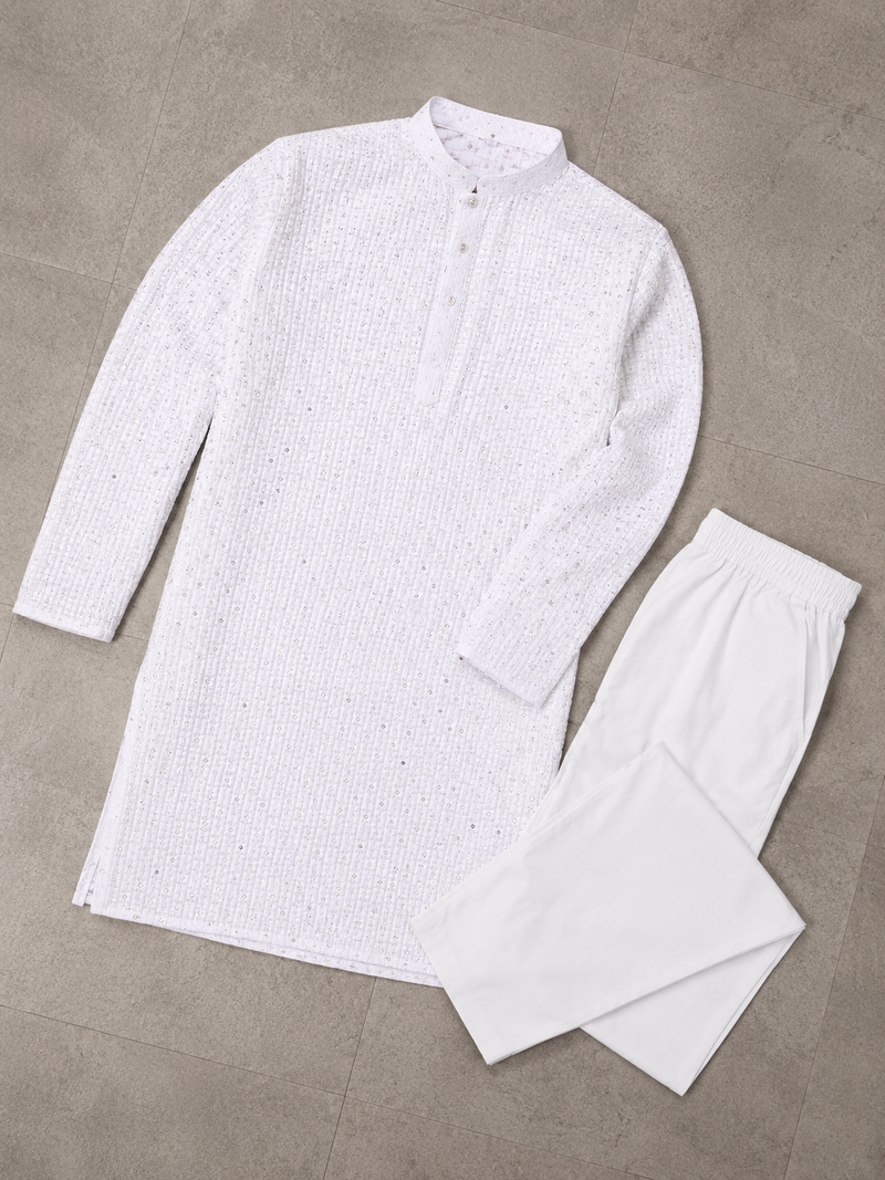 White color traditional chikankari embroidery cotton men's kurta payjama set