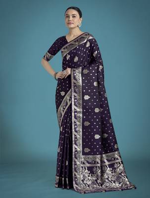 plum silk blend banarasi jacuard work saree with unstitched blouse piece 1