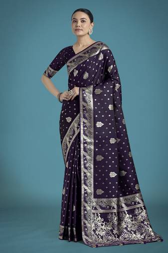 plum silk blend banarasi jacuard work saree with unstitched blouse piece