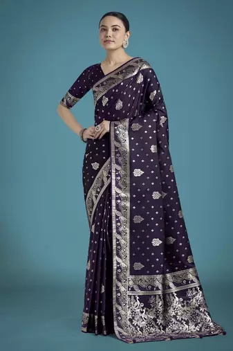 plum silk blend banarasi jacuard work saree with unstitched blouse piece