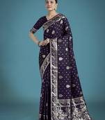 plum silk blend banarasi jacuard work saree with unstitched blouse piece
