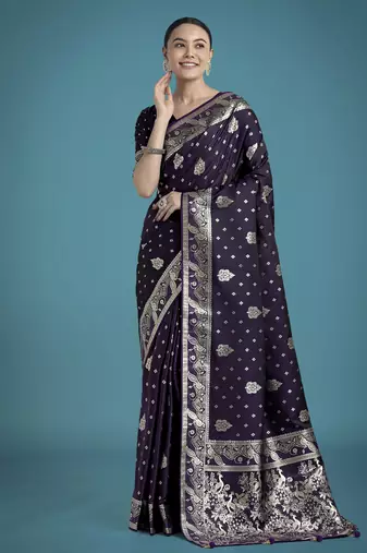 plum silk blend banarasi jacuard work saree with unstitched blouse piece