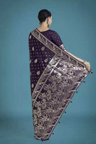 plum silk blend banarasi jacuard work saree with unstitched blouse piece