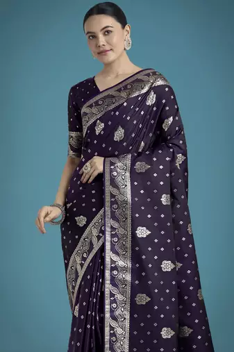 plum silk blend banarasi jacuard work saree with unstitched blouse piece