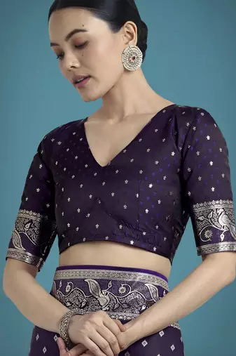 plum silk blend banarasi jacuard work saree with unstitched blouse piece