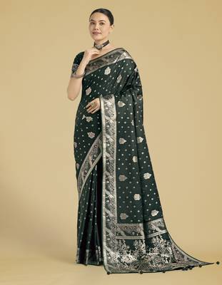 green silk blend banarasi jacuard work saree with unstitched blouse piece 1