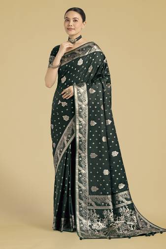 green silk blend banarasi jacuard work saree with unstitched blouse piece