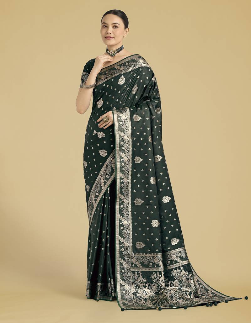 green silk blend banarasi jacuard work saree with unstitched blouse piece