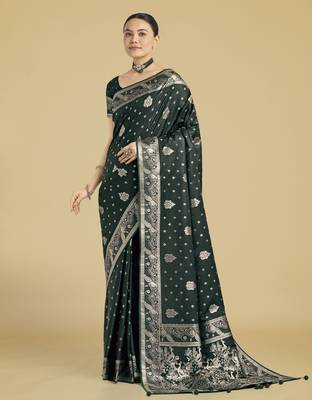 green silk blend banarasi jacuard work saree with unstitched blouse piece 2