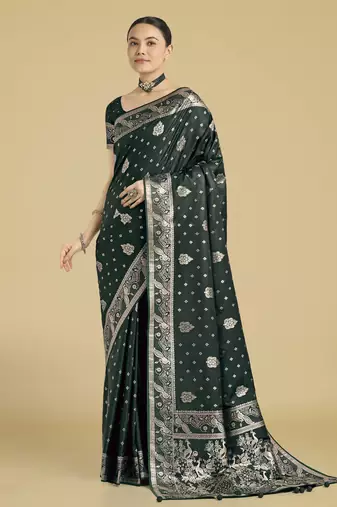 green silk blend banarasi jacuard work saree with unstitched blouse piece
