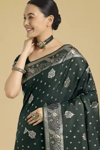 green silk blend banarasi jacuard work saree with unstitched blouse piece