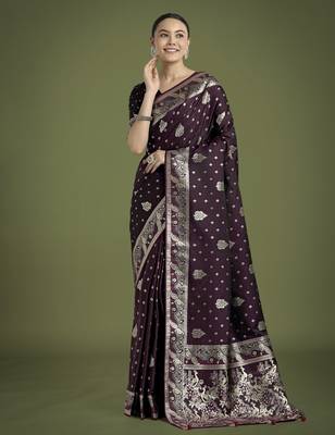 wine silk blend banarasi jacuard work saree with unstitched blouse piece 1