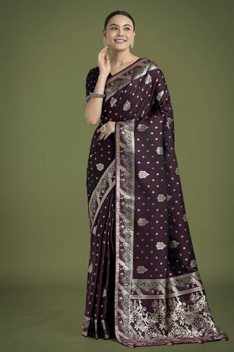 wine silk blend banarasi jacuard work saree with unstitched blouse piece