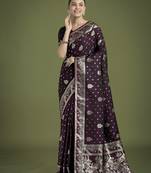 wine silk blend banarasi jacuard work saree with unstitched blouse piece