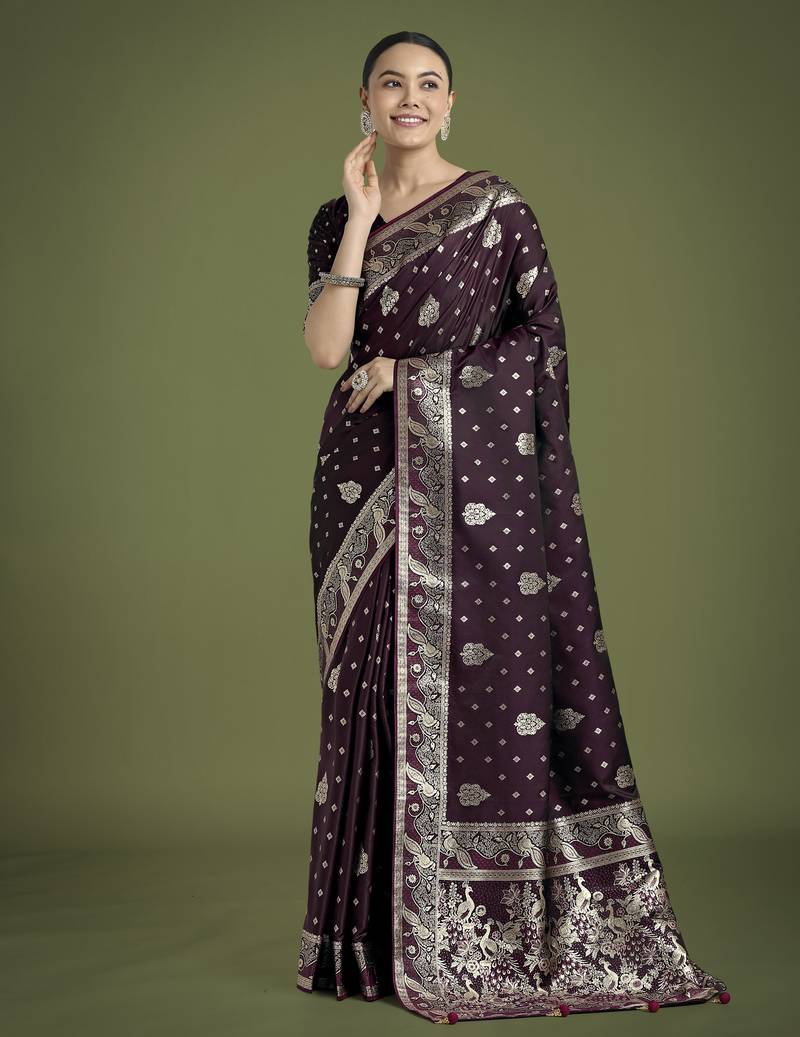wine silk blend banarasi jacuard work saree with unstitched blouse piece