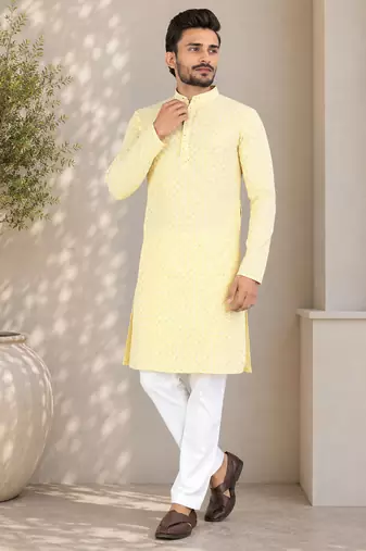 Yellow color traditional chikankari embroidery cotton men's kurta payjama set