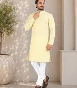Yellow color traditional chikankari embroidery cotton men's kurta payjama set