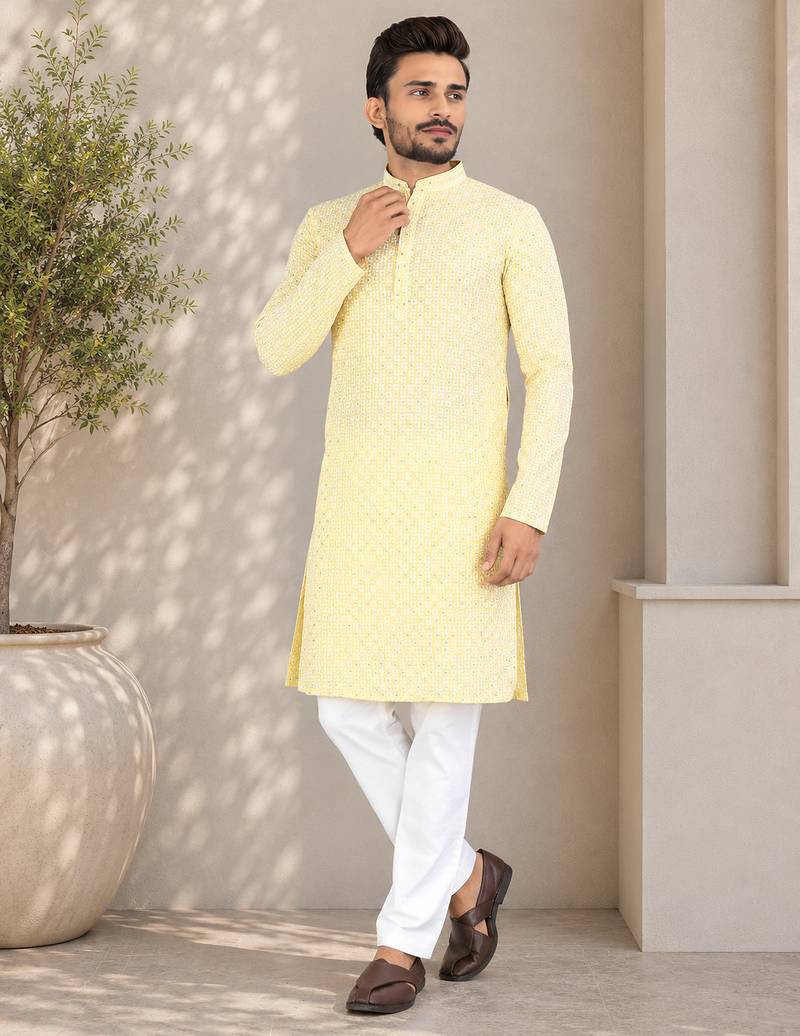 Yellow color traditional chikankari embroidery cotton men's kurta payjama set