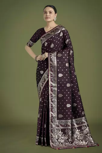 wine silk blend banarasi jacuard work saree with unstitched blouse piece