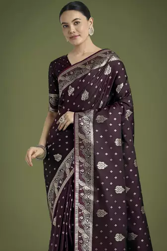 wine silk blend banarasi jacuard work saree with unstitched blouse piece