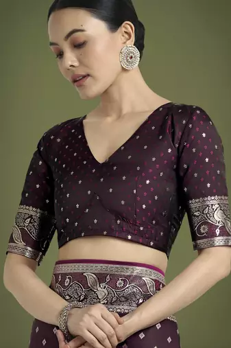 wine silk blend banarasi jacuard work saree with unstitched blouse piece