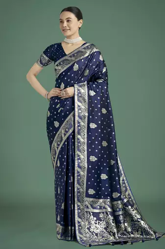 blue silk blend banarasi jacuard work saree with unstitched blouse piece