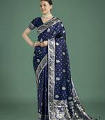 blue silk blend banarasi jacuard work saree with unstitched blouse piece