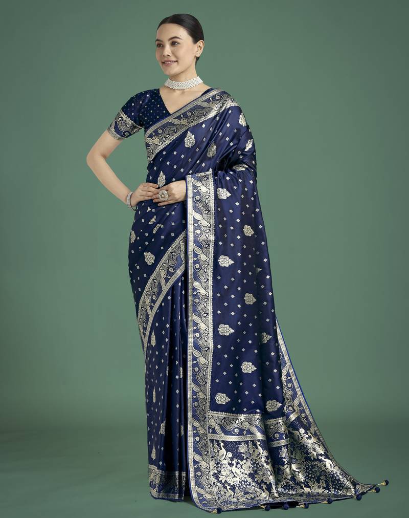 blue silk blend banarasi jacuard work saree with unstitched blouse piece