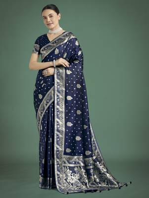 blue silk blend banarasi jacuard work saree with unstitched blouse piece 2