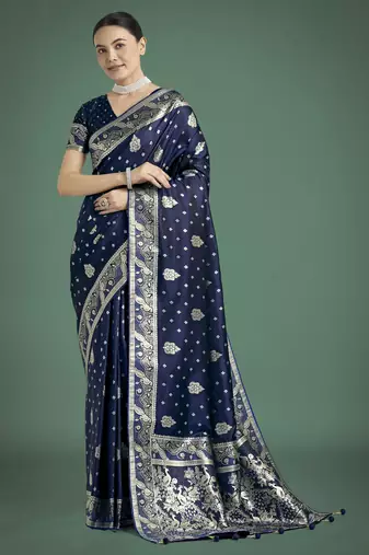 blue silk blend banarasi jacuard work saree with unstitched blouse piece