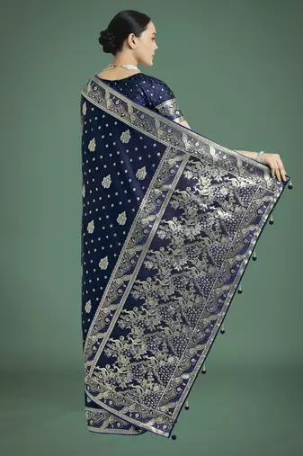 blue silk blend banarasi jacuard work saree with unstitched blouse piece