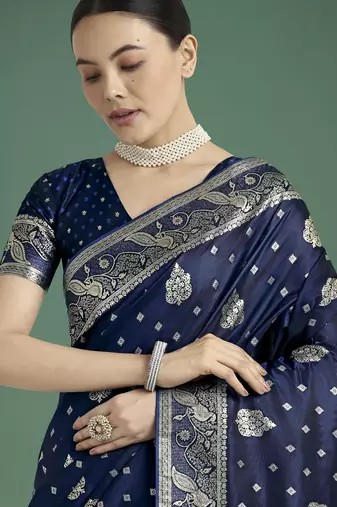 blue silk blend banarasi jacuard work saree with unstitched blouse piece