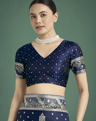blue silk blend banarasi jacuard work saree with unstitched blouse piece 5