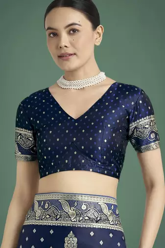 blue silk blend banarasi jacuard work saree with unstitched blouse piece