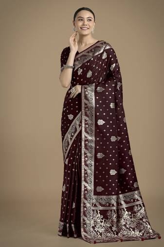 maroon silk blend banarasi jacuard work saree with unstitched blouse piece