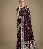 maroon silk blend banarasi jacuard work saree with unstitched blouse piece
