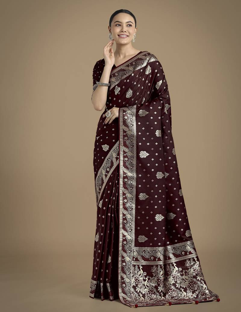 maroon silk blend banarasi jacuard work saree with unstitched blouse piece