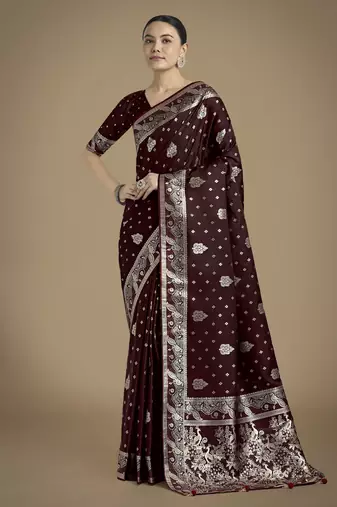 maroon silk blend banarasi jacuard work saree with unstitched blouse piece