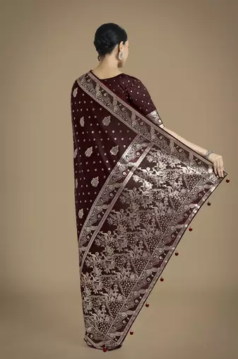 maroon silk blend banarasi jacuard work saree with unstitched blouse piece