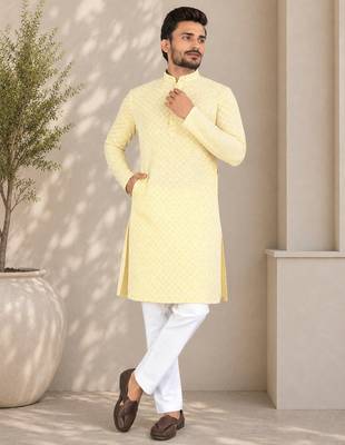 Yellow color traditional chikankari embroidery cotton men's kurta payjama set 2