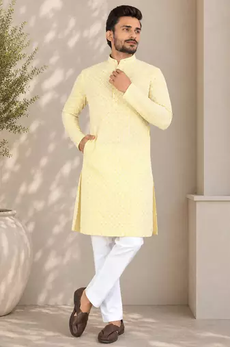 Yellow color traditional chikankari embroidery cotton men's kurta payjama set