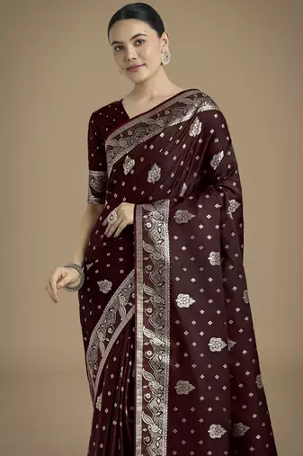 maroon silk blend banarasi jacuard work saree with unstitched blouse piece