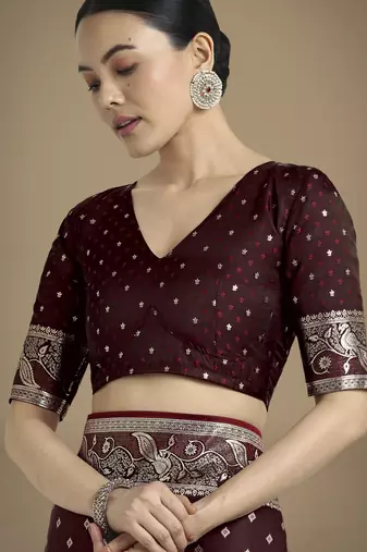 maroon silk blend banarasi jacuard work saree with unstitched blouse piece