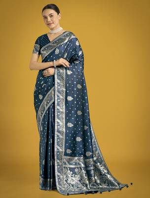 rama silk blend banarasi jacuard work saree with unstitched blouse piece 1
